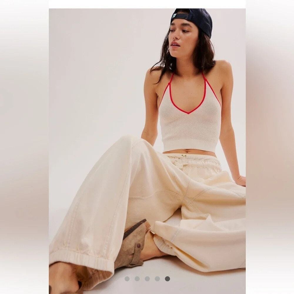 Free People Out And About Solid Halter Top Tofu Combo Cream and Red Size S - Picture 2 of 10